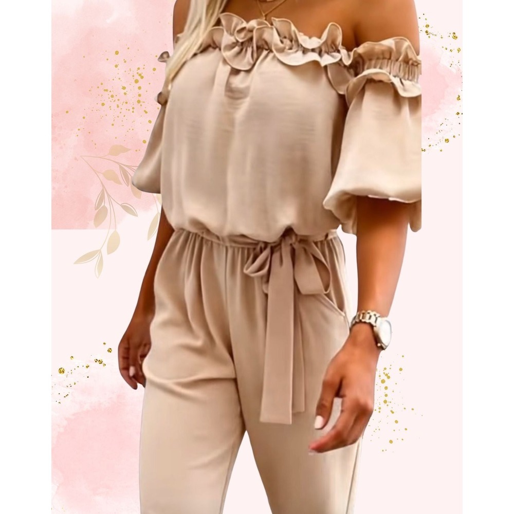 ChicMe Off The Shoulder Ruffle‎ Jumpsuit - Size Small  **NO BELT**